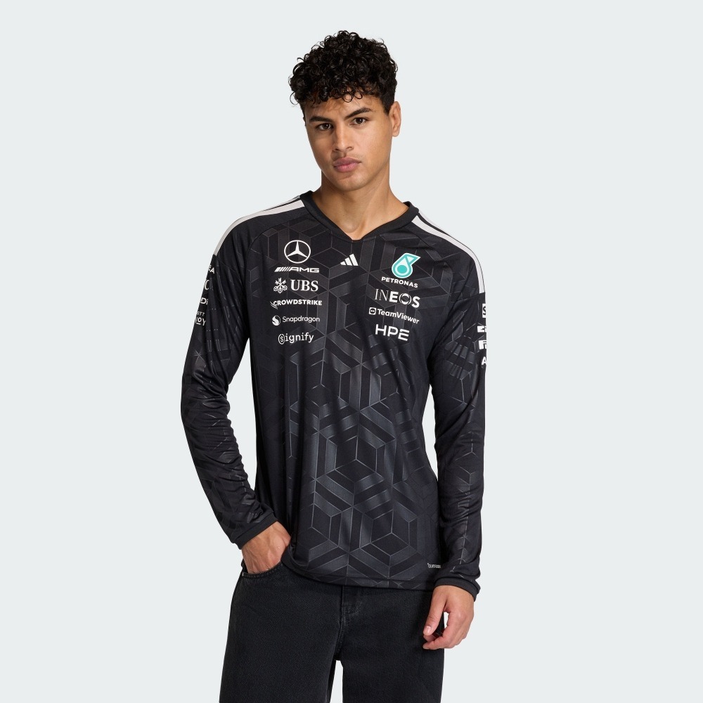 男款 ADIDAS X MERCEDES - AMG PETRONAS F1 黑色 F1 賓士 賽車 聯名款 修身 吸濕排汗 賽車服 長T【KF0148】ADF1