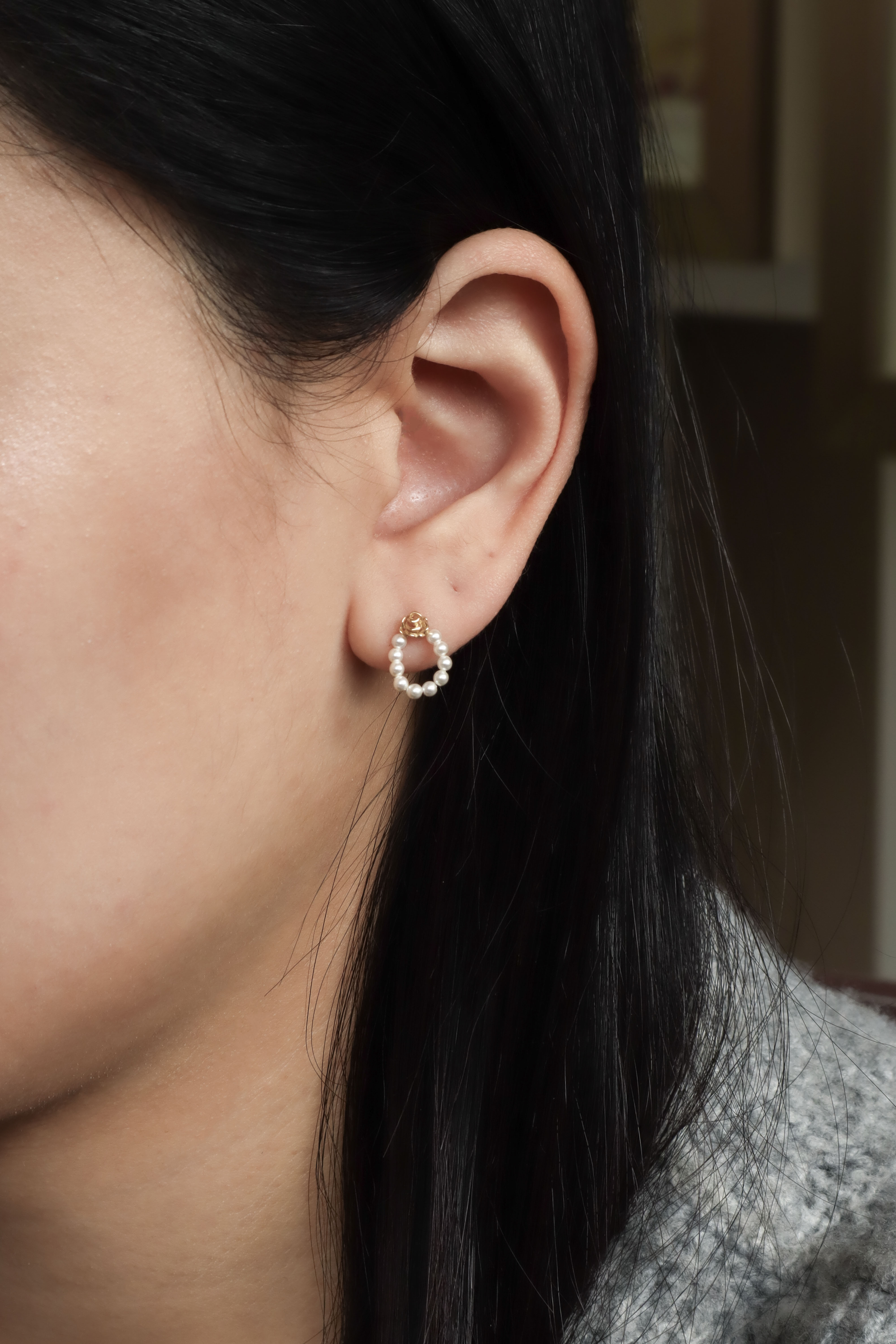 10K/玫瑰珍珠串耳環