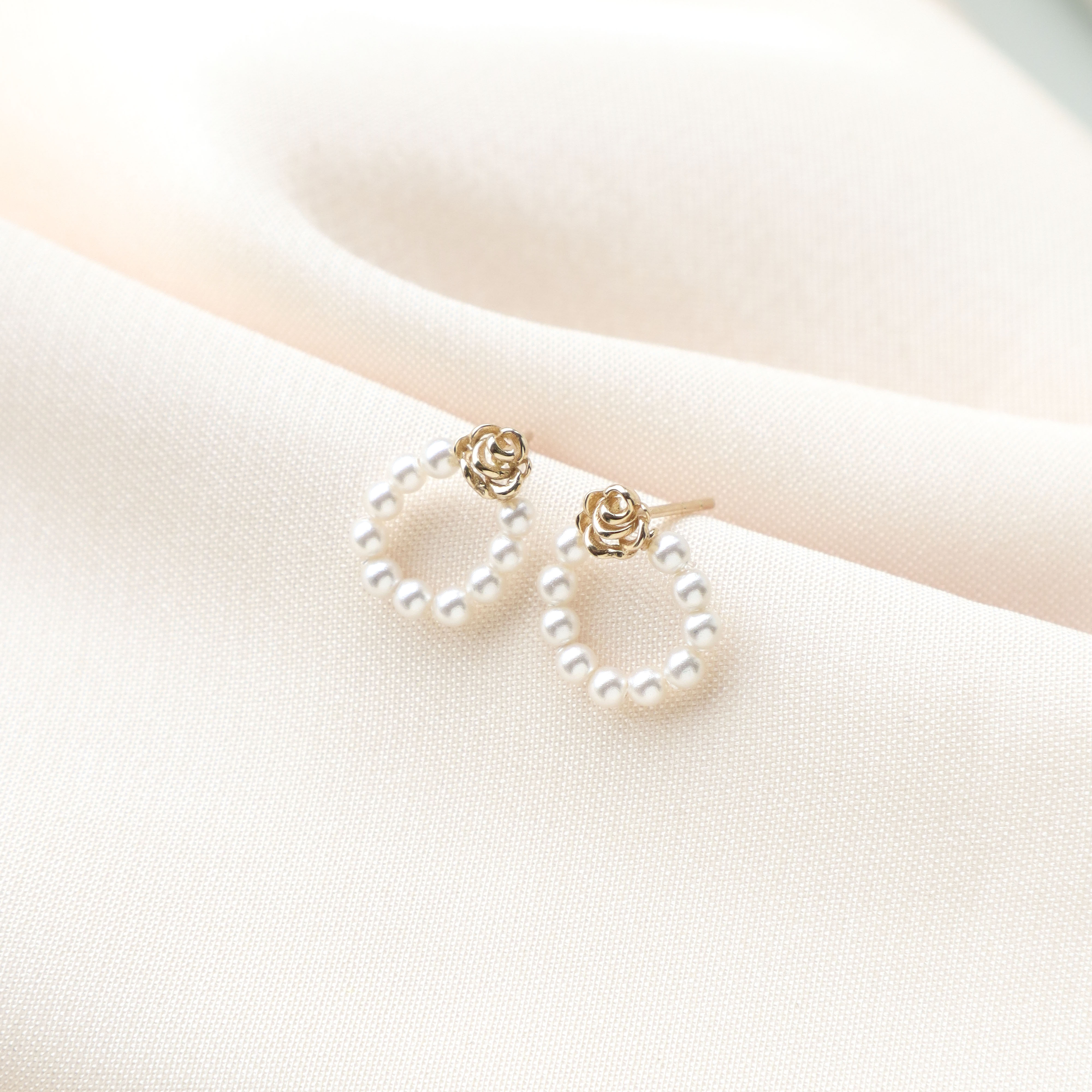 10K/玫瑰珍珠串耳環