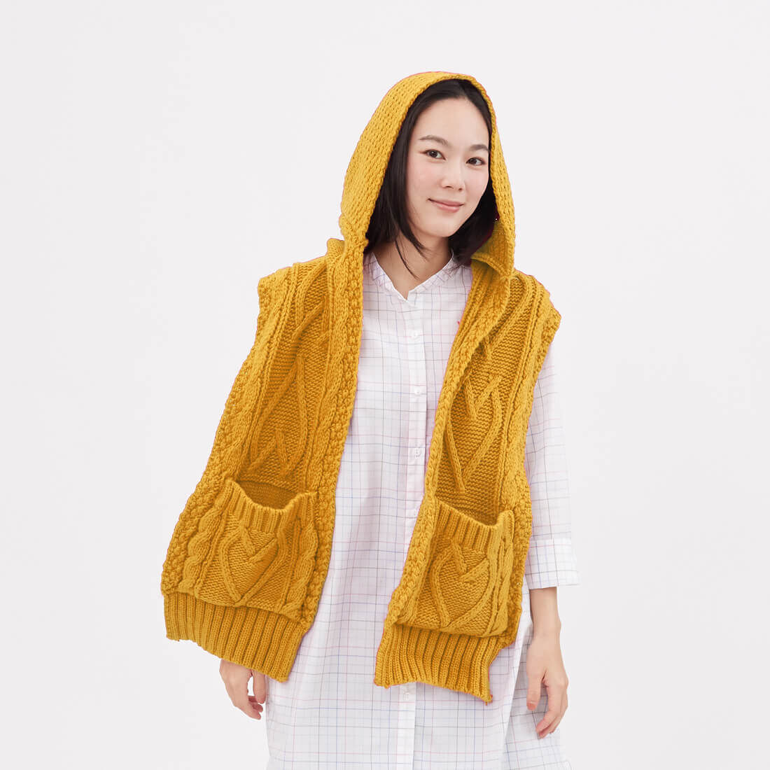 Milly麻花針織連帽口袋圍巾/ 向日葵黃