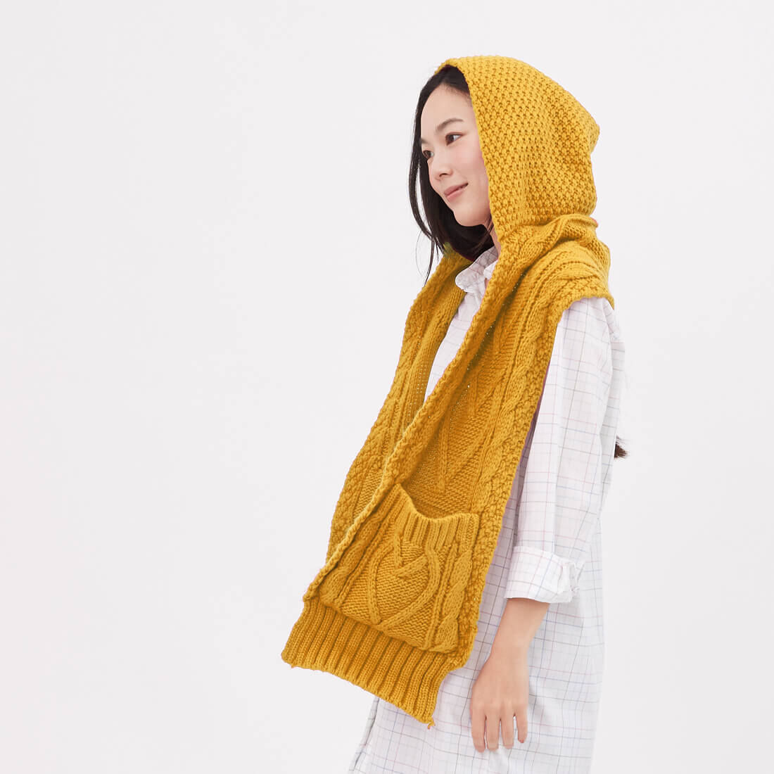 Milly麻花針織連帽口袋圍巾/ 向日葵黃