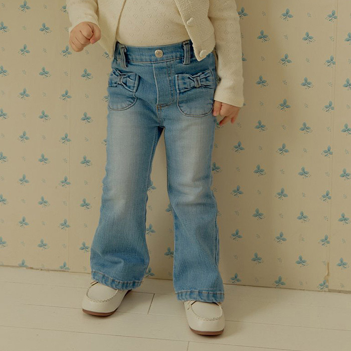 正韓春ueo 兩色蝴蝶結口袋牛仔喇叭褲