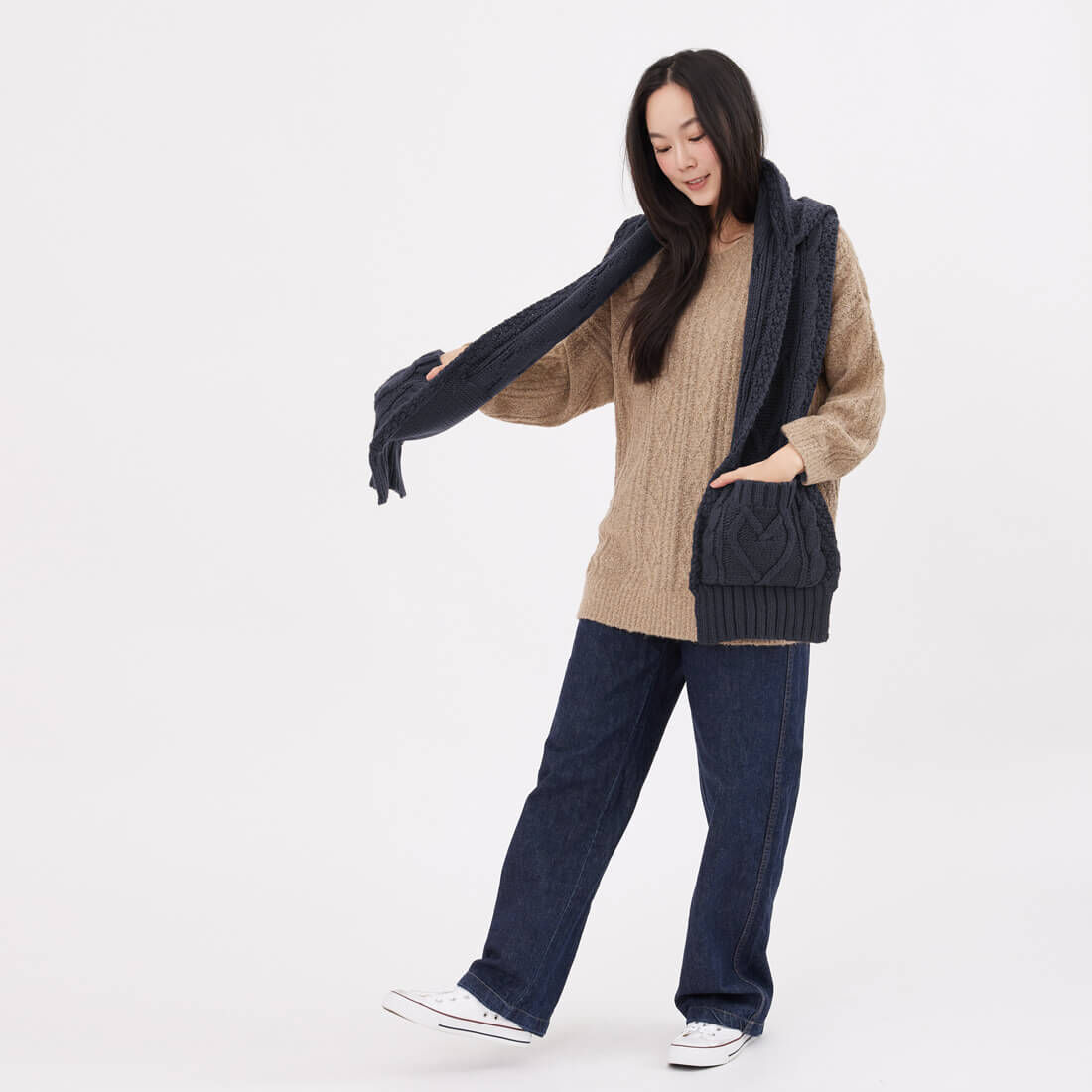 Milly麻花針織連帽口袋圍巾/ 深藍