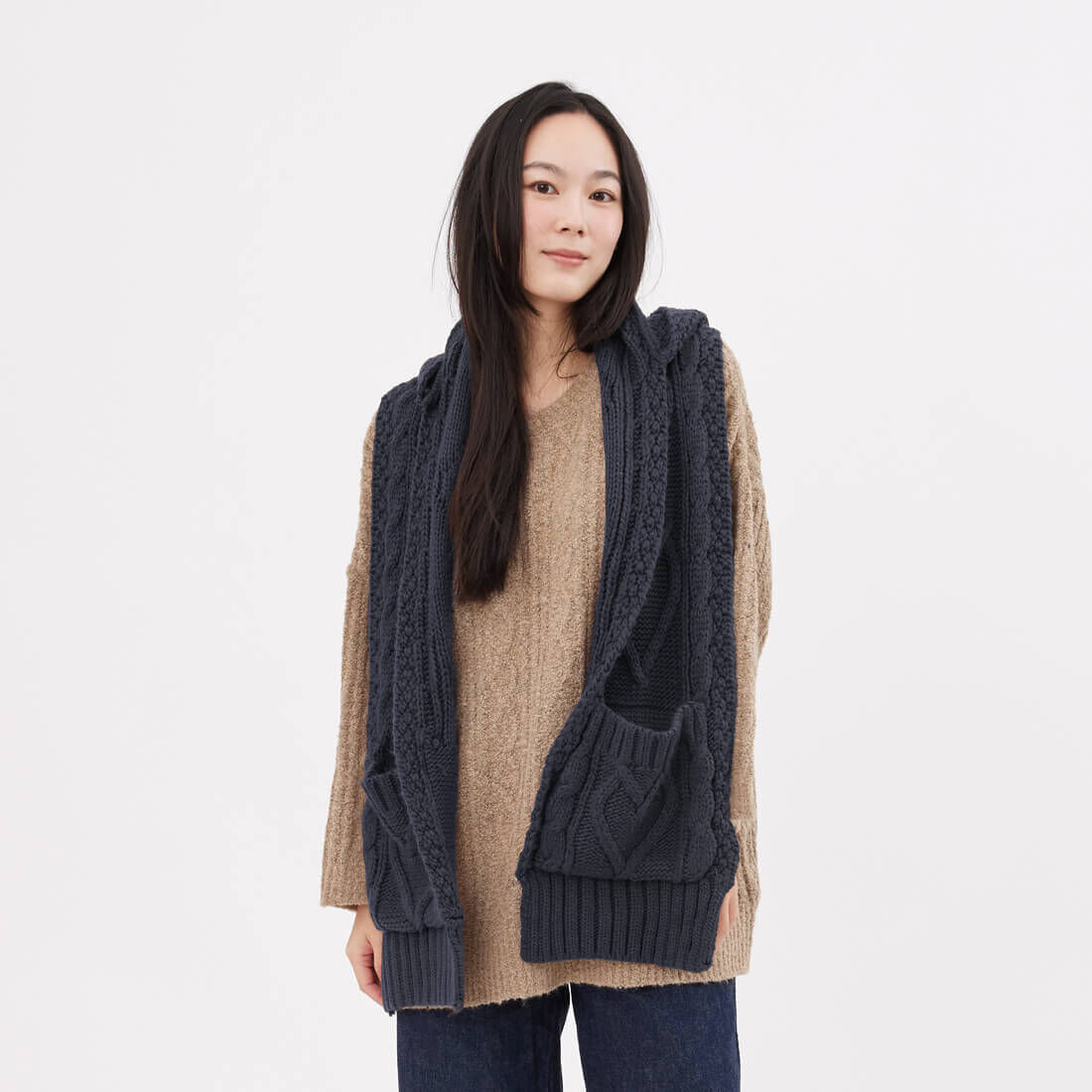 Milly麻花針織連帽口袋圍巾/ 深藍