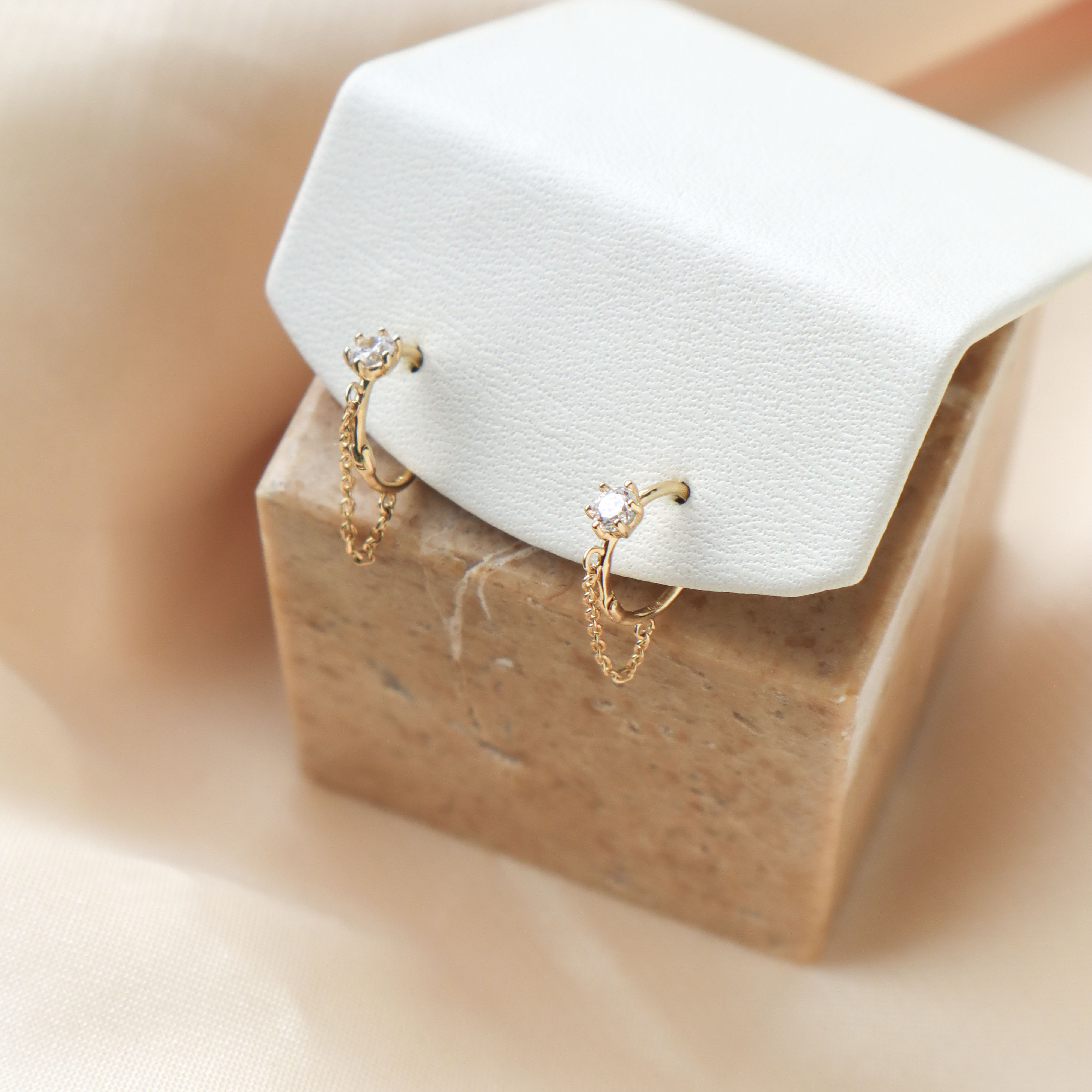 10K/單鋯鑽垂鍊圈式耳環