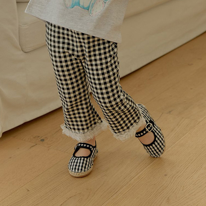 正韓春ueo 兩色花邊格子喇叭褲