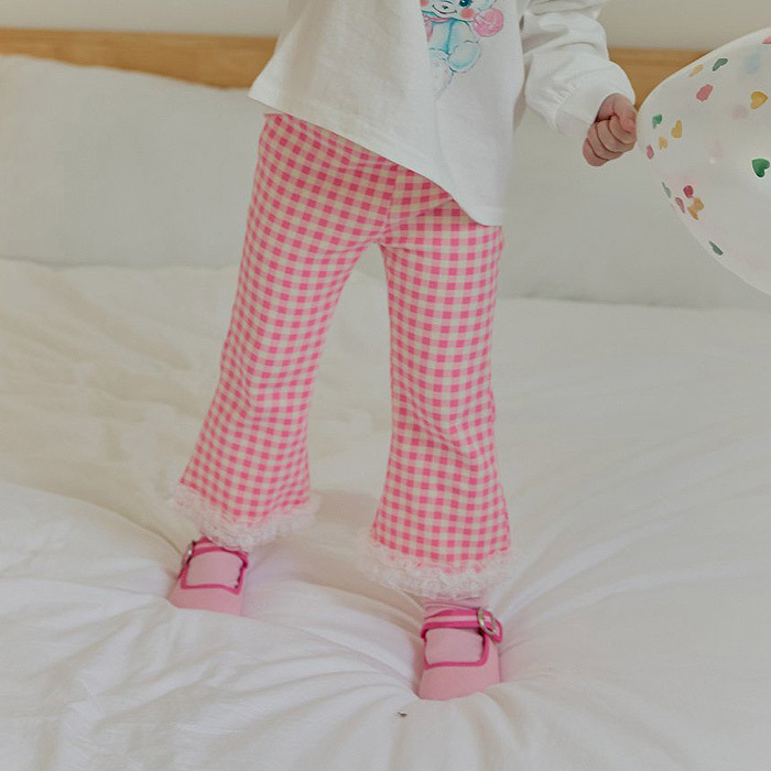 正韓春ueo 兩色花邊格子喇叭褲