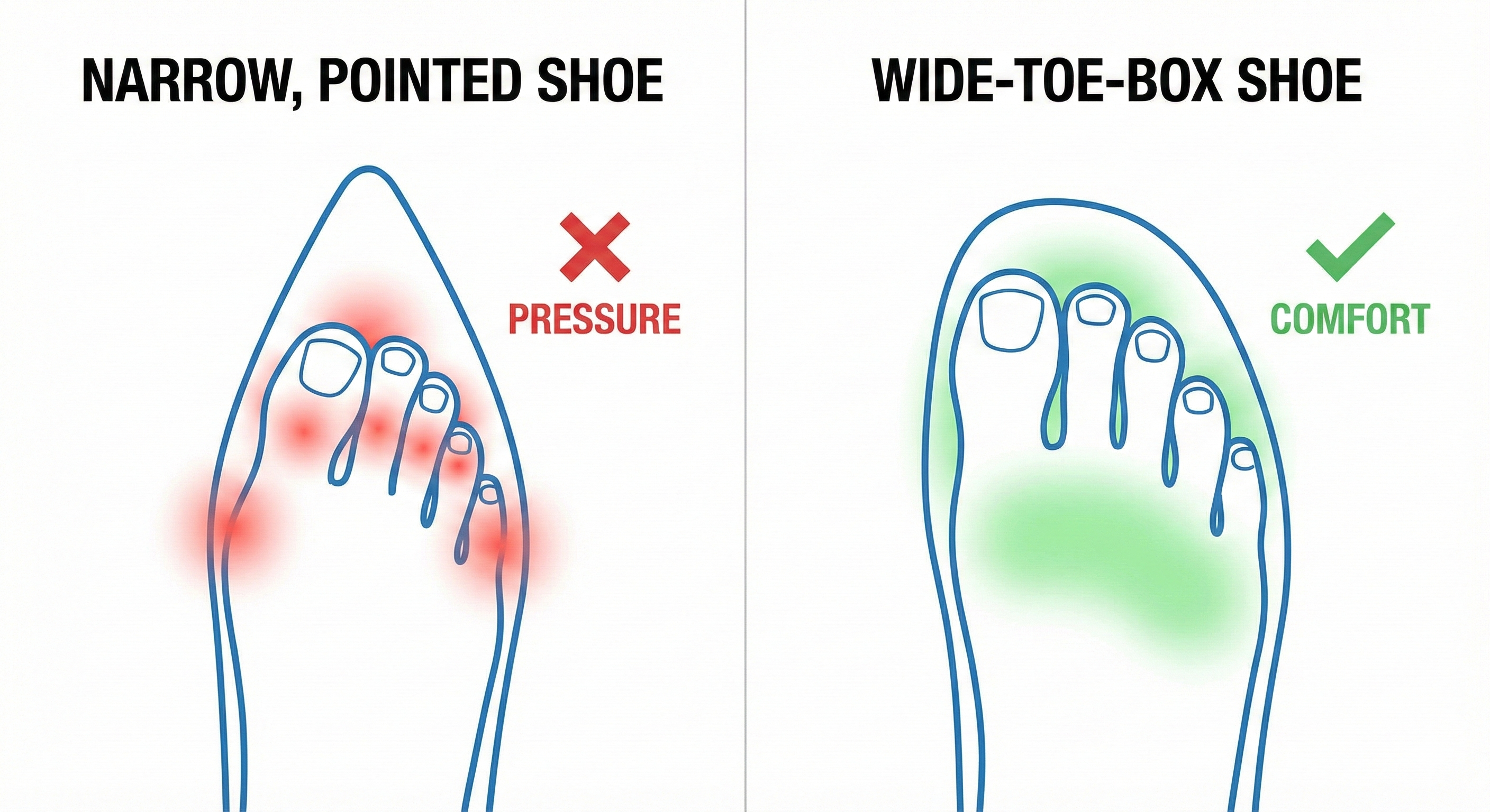 寬楦與標準楦頭差別圖解, 寬楦鞋頭構造, 腳趾舒展空間比較
