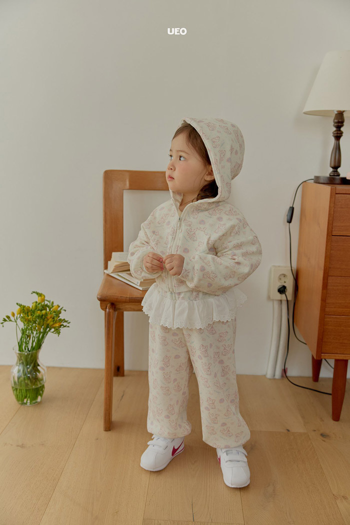 正韓春ueo 兩色碎花/小羊連帽華夫格褲