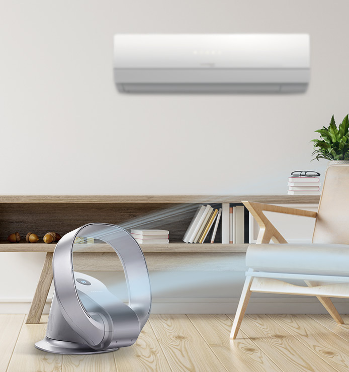 開放式客廳使用風扇配合冷氣示意圖