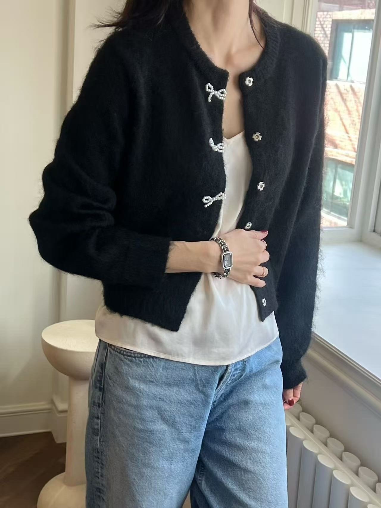 407 正韓珍珠蝴蝶結釦毛料上衣