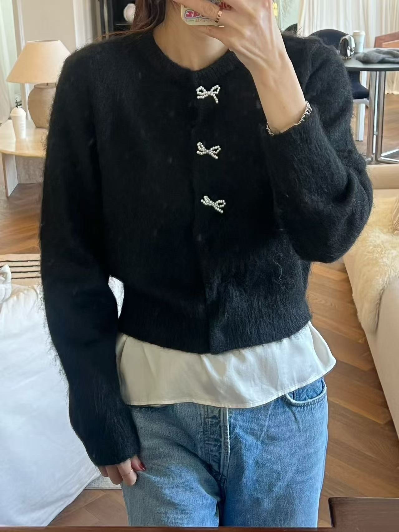 407 正韓珍珠蝴蝶結釦毛料上衣