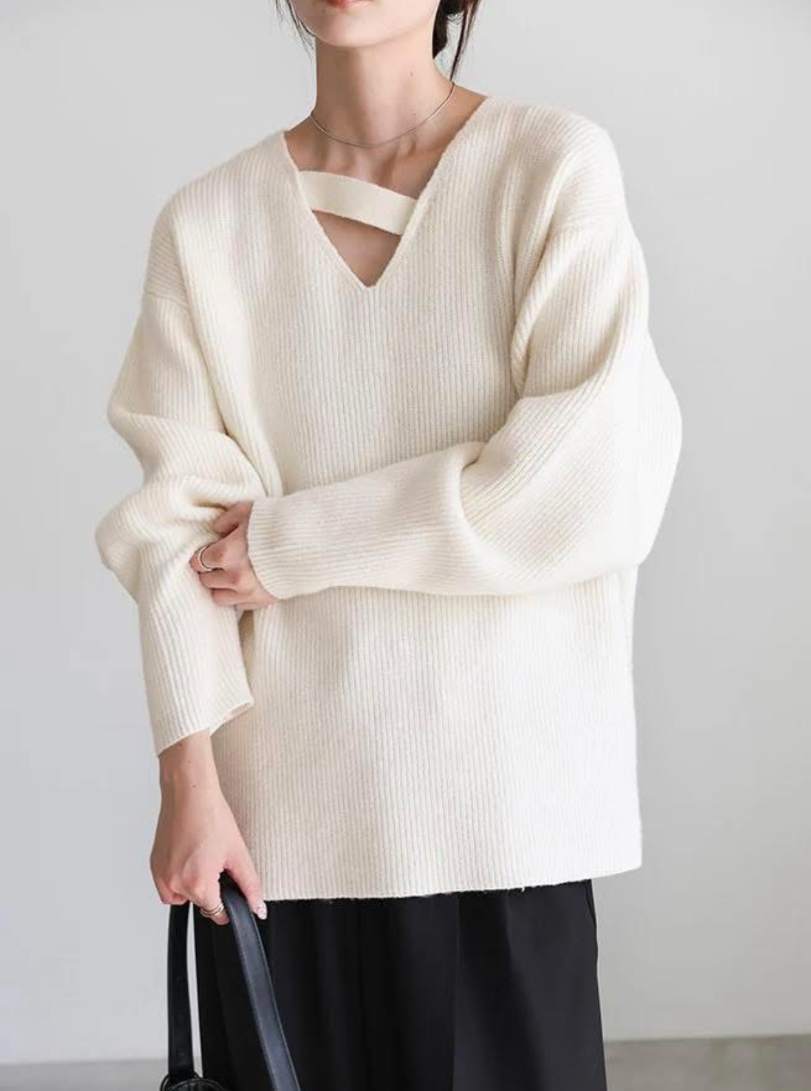 SELECT MOCA アシンメトリーVネックニットトップス白（kt325079）