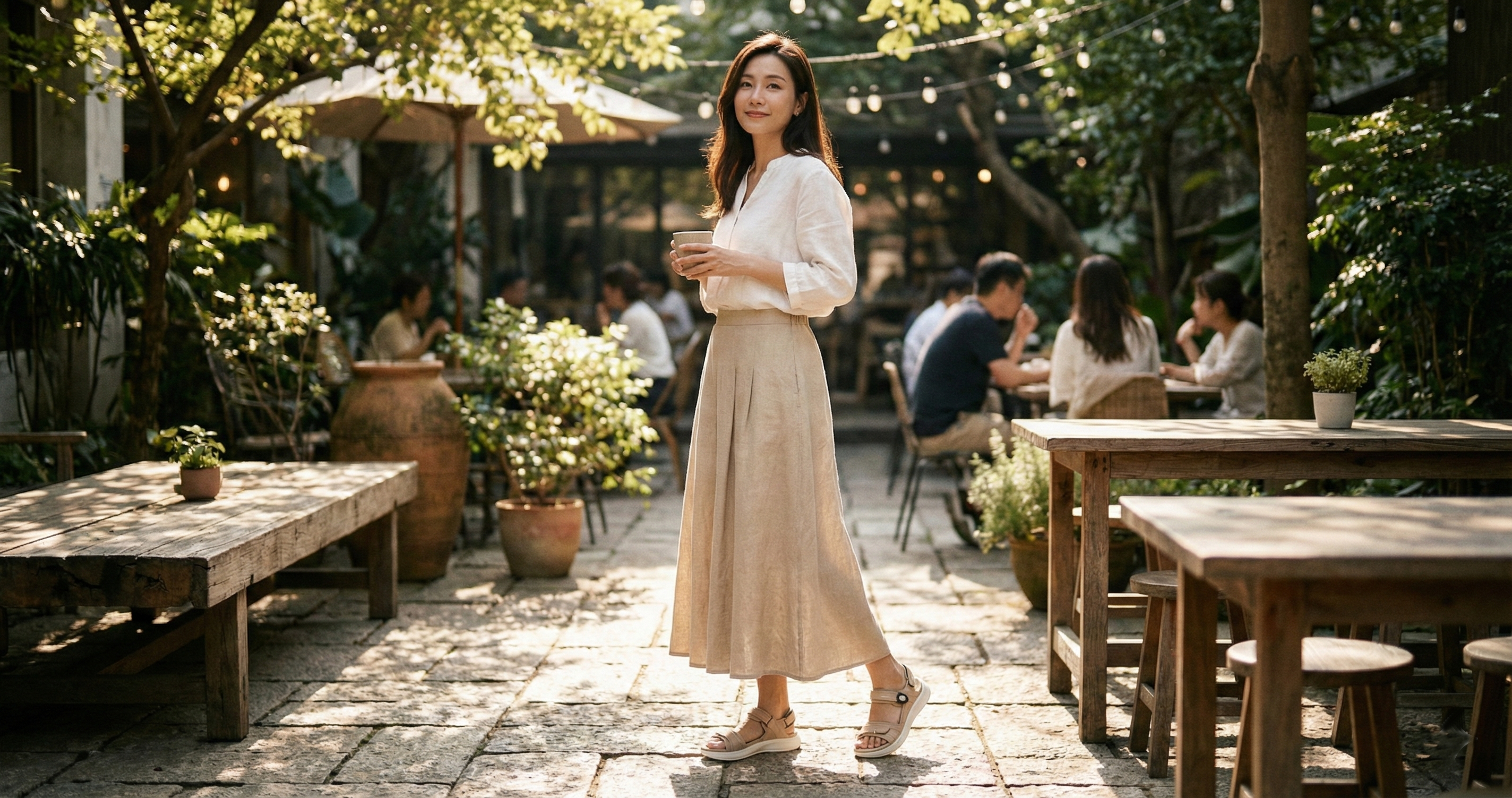 2024女款寬楦涼鞋推薦, G5755W穿搭示範, 奶茶色寬楦鞋