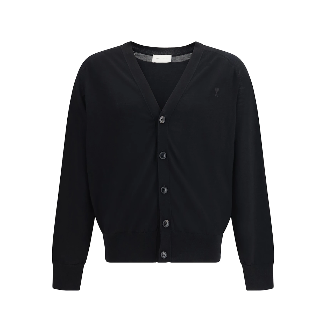 1FF0101-210 [AMI PARIS] Cardigan with Chest Embroidery (SS26) Black #HKC384KN0039-0180 (C-EU-E)