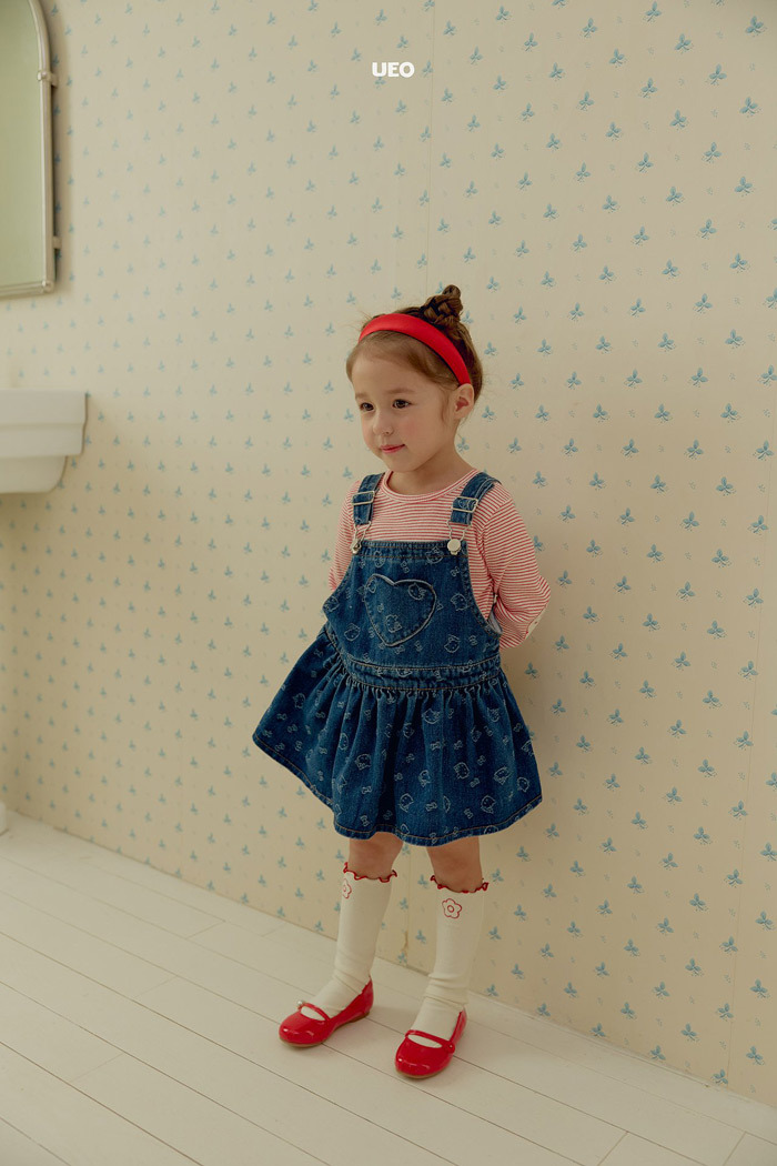 正韓春ueo 愛心補釘貓貓牛仔裙