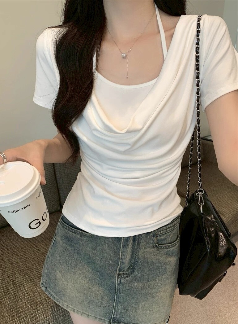 掛脖假兩件垂領棉質上衣