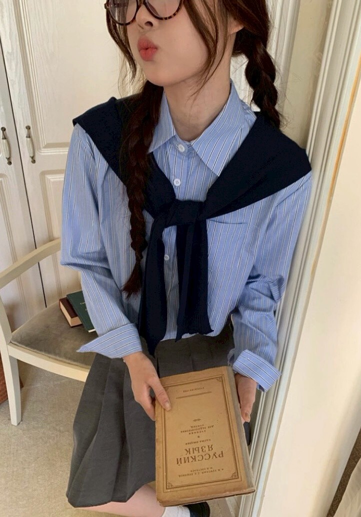 單口袋條紋襯衫+針織披肩