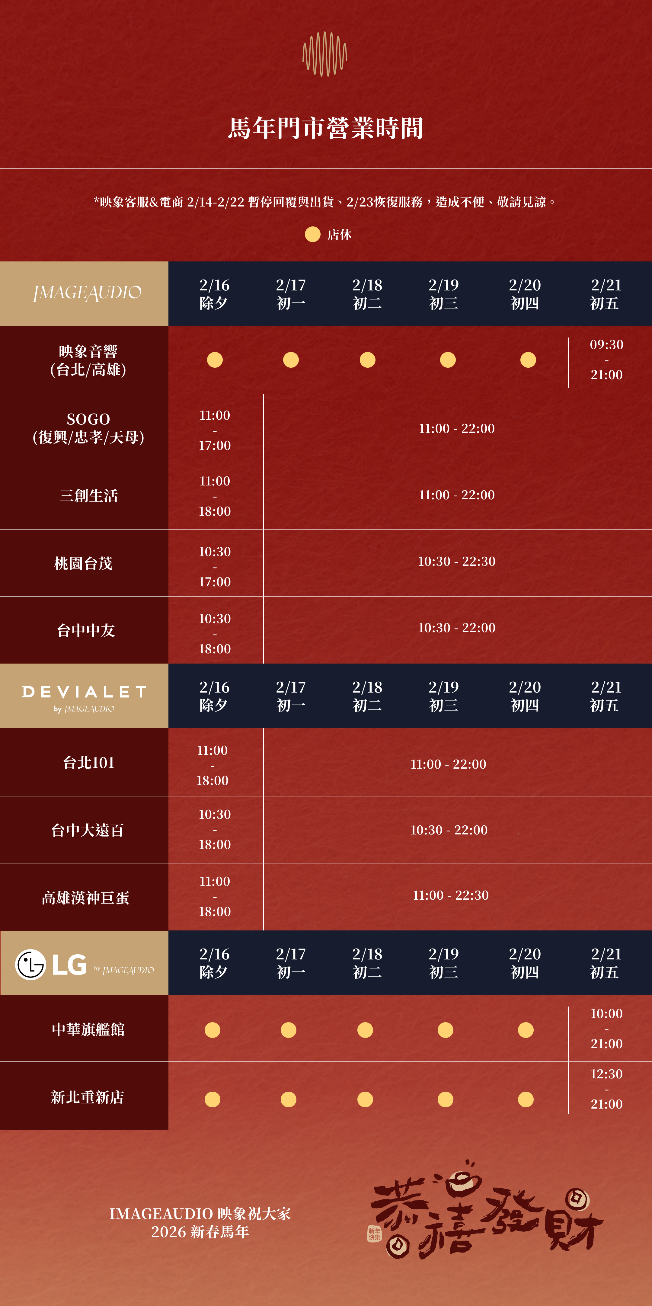 IMAGEAUDIO 映象2026農曆新春門市營業時間、DEVIALET門市營業時間、LG門市營業時間