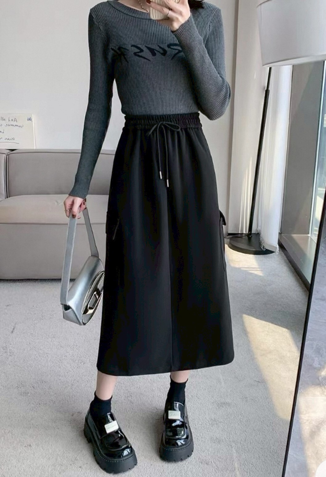 後開岔側口袋工裝棉質長裙