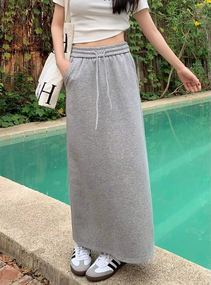 抽繩鬆緊莫代爾素面長裙