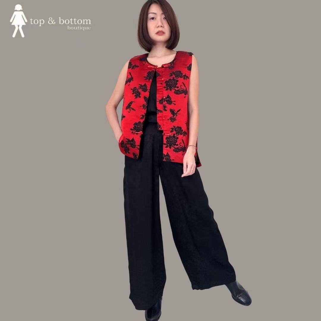 SATIN BLACK & RED FLORAL ORIENTAL VEST