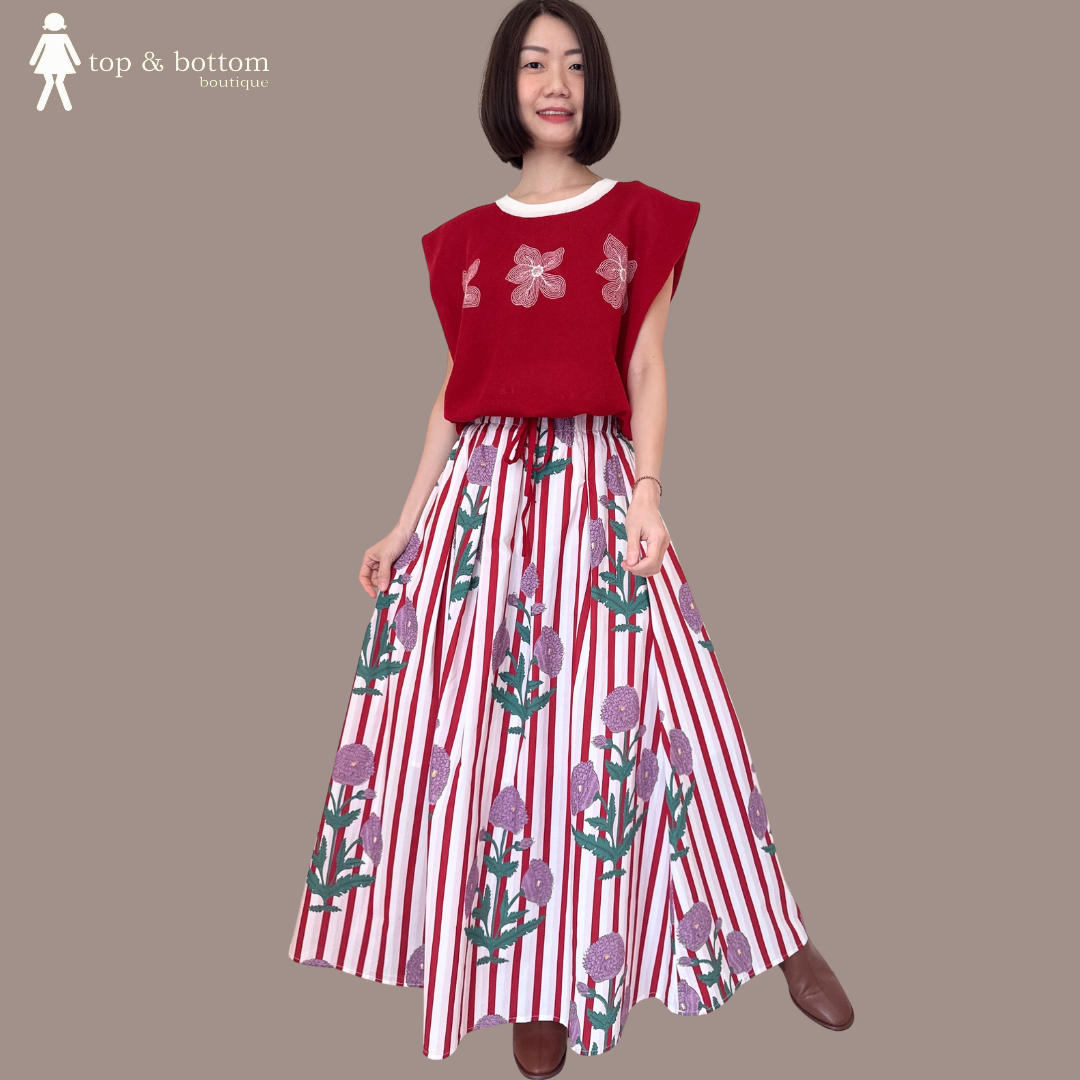 ELASTIC WAISTED COTTON STRIPED & FLOWER LONG SKIRT