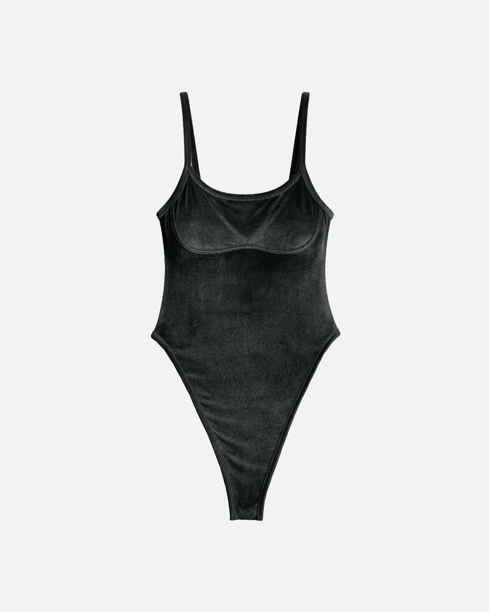 【深墨綠絨】ioo 細肩U領無墊高衩丁字連身泳裝