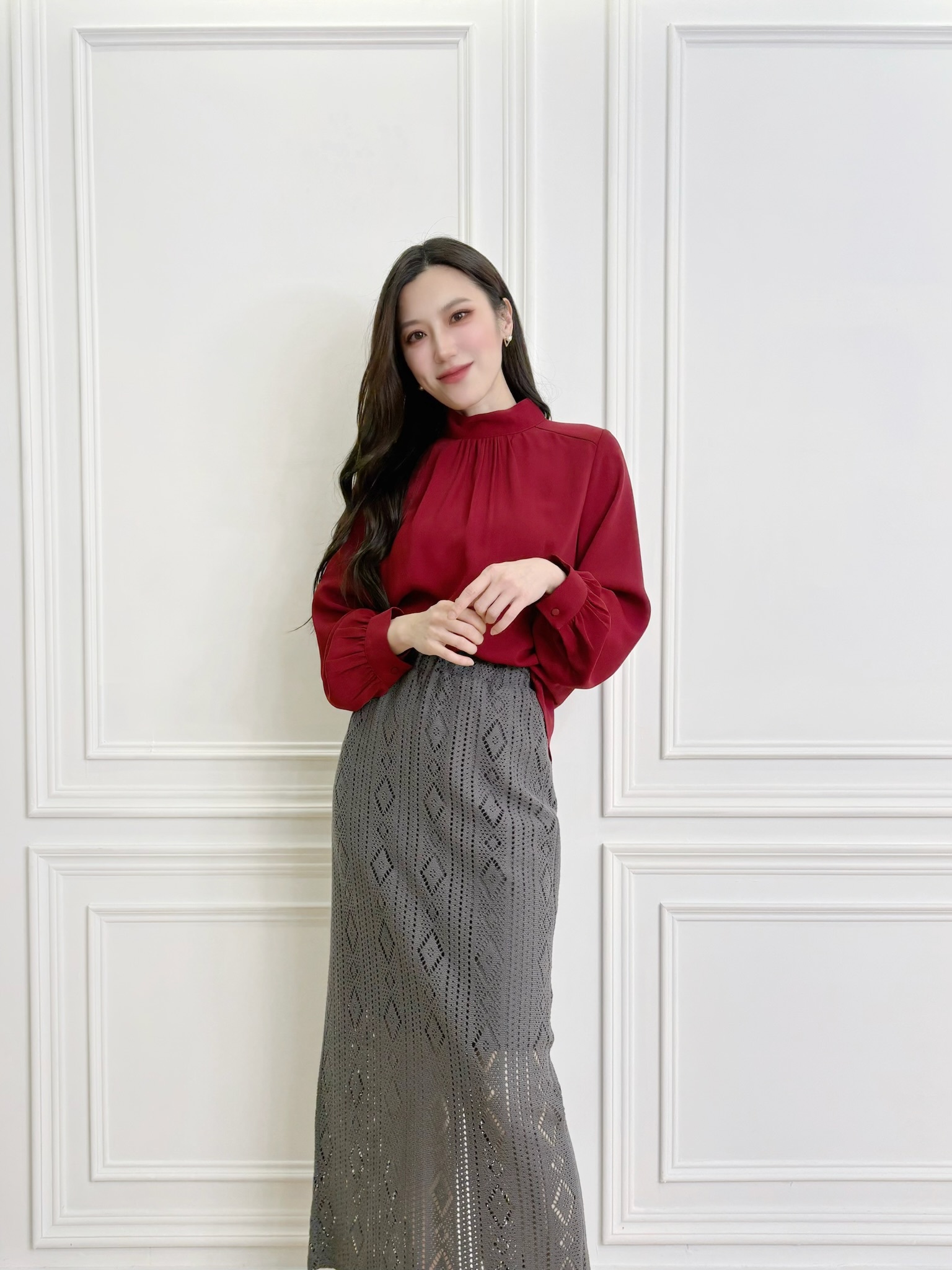 立領領抓褶長袖上衣