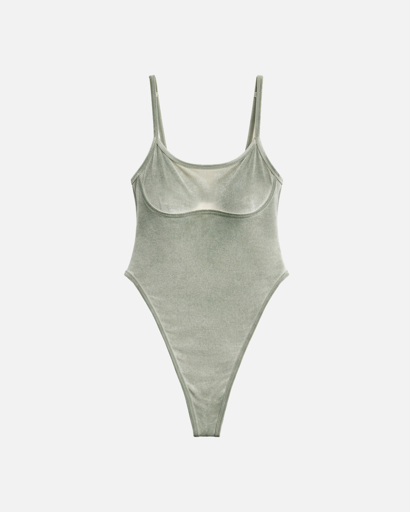 【豆綠絨】ioo 細肩U領無墊高衩丁字連身泳裝