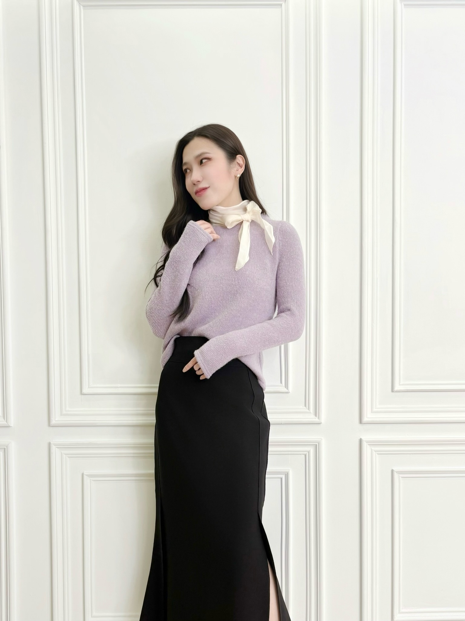 透紗領綁帶針織上衣