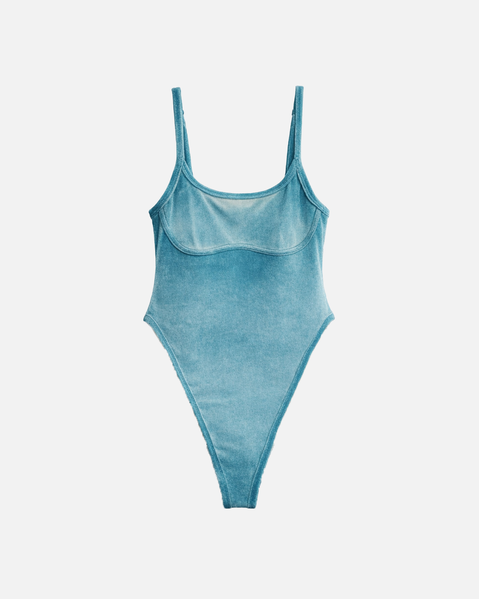 【湖水藍絨】ioo 細肩U領無墊高衩丁字連身泳裝