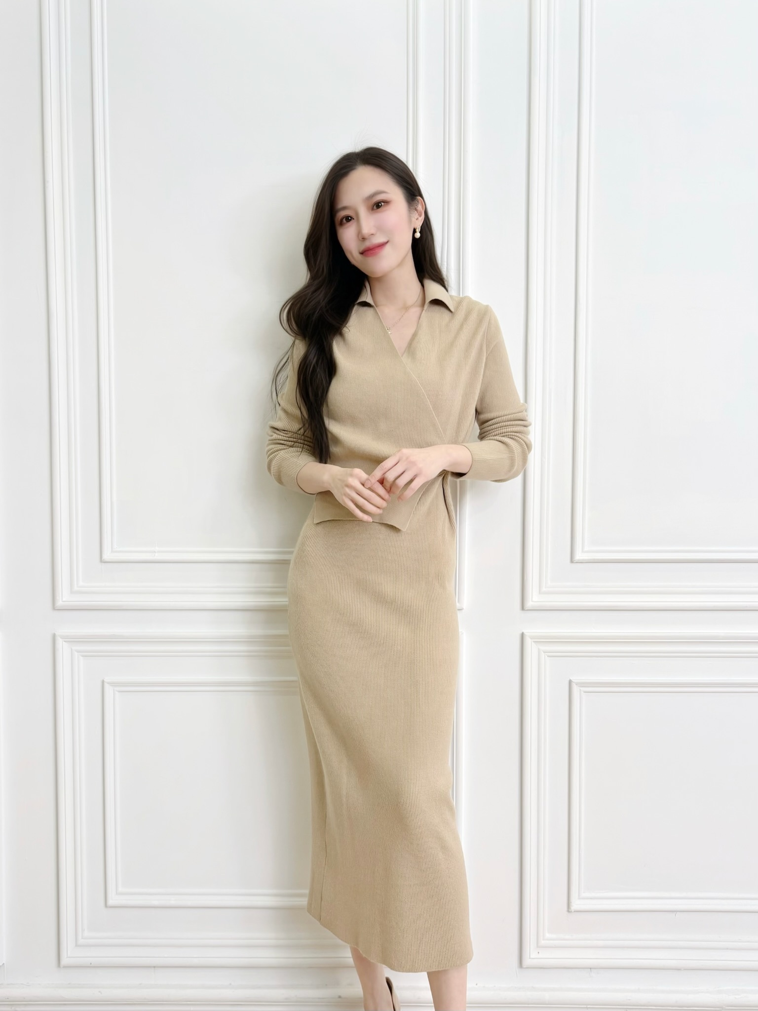 翻領針織側釦合身洋裝
