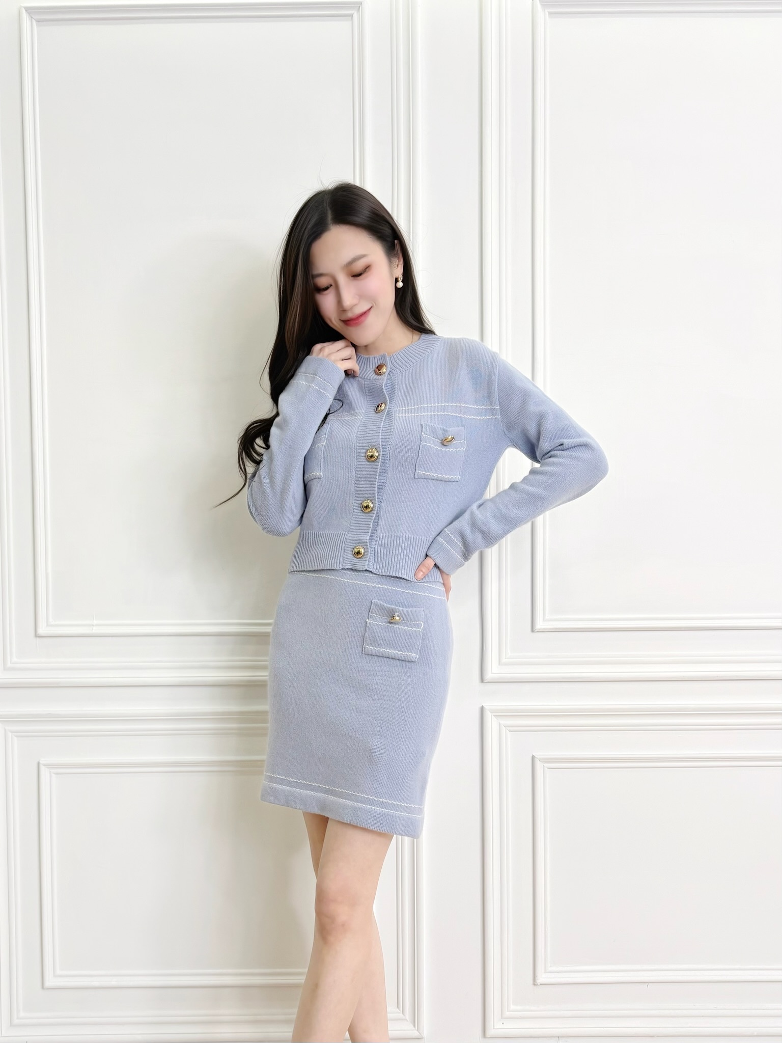 金釦縫線針織窄裙套裝