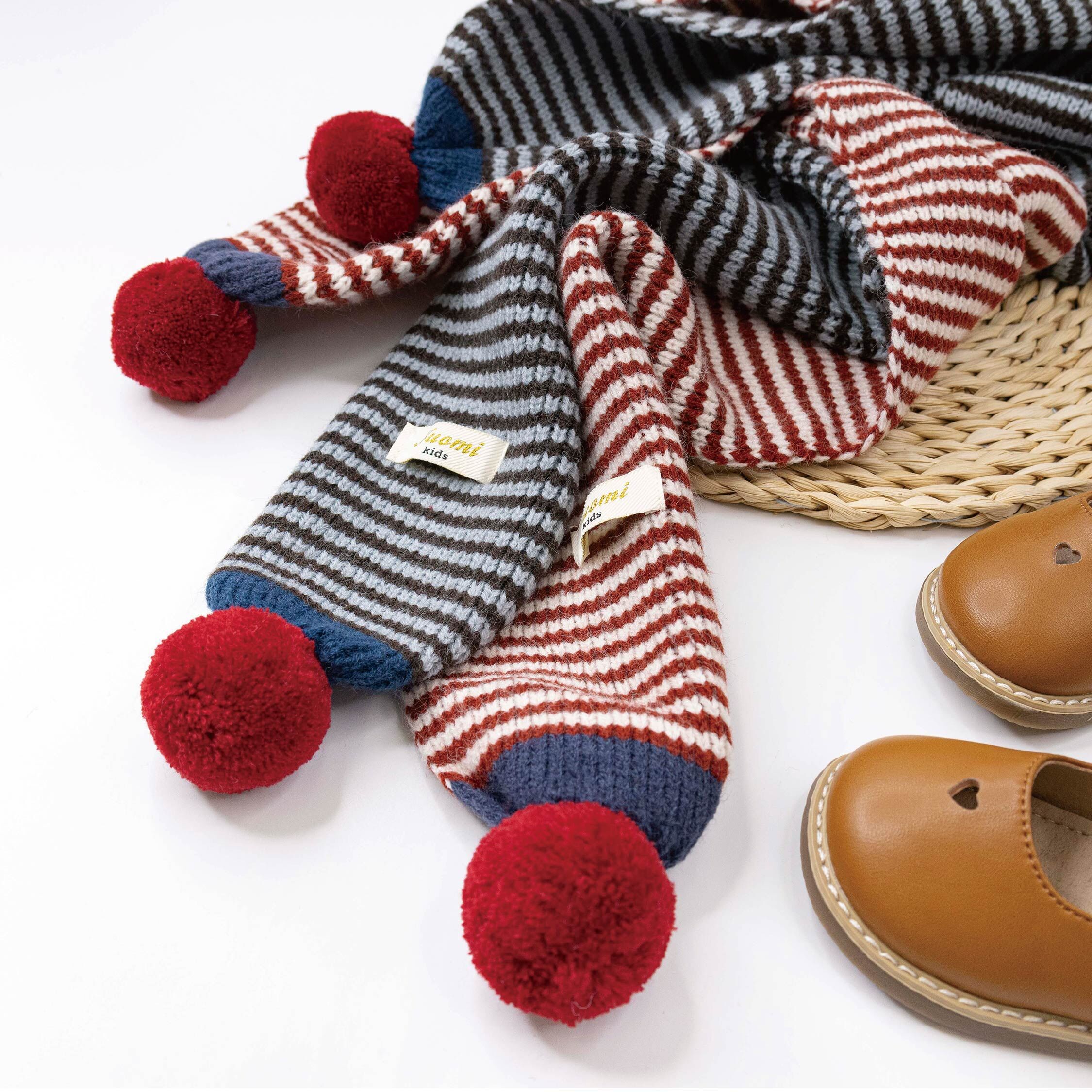 【JA3044】澎澎毛球條紋針織圍巾＊二色