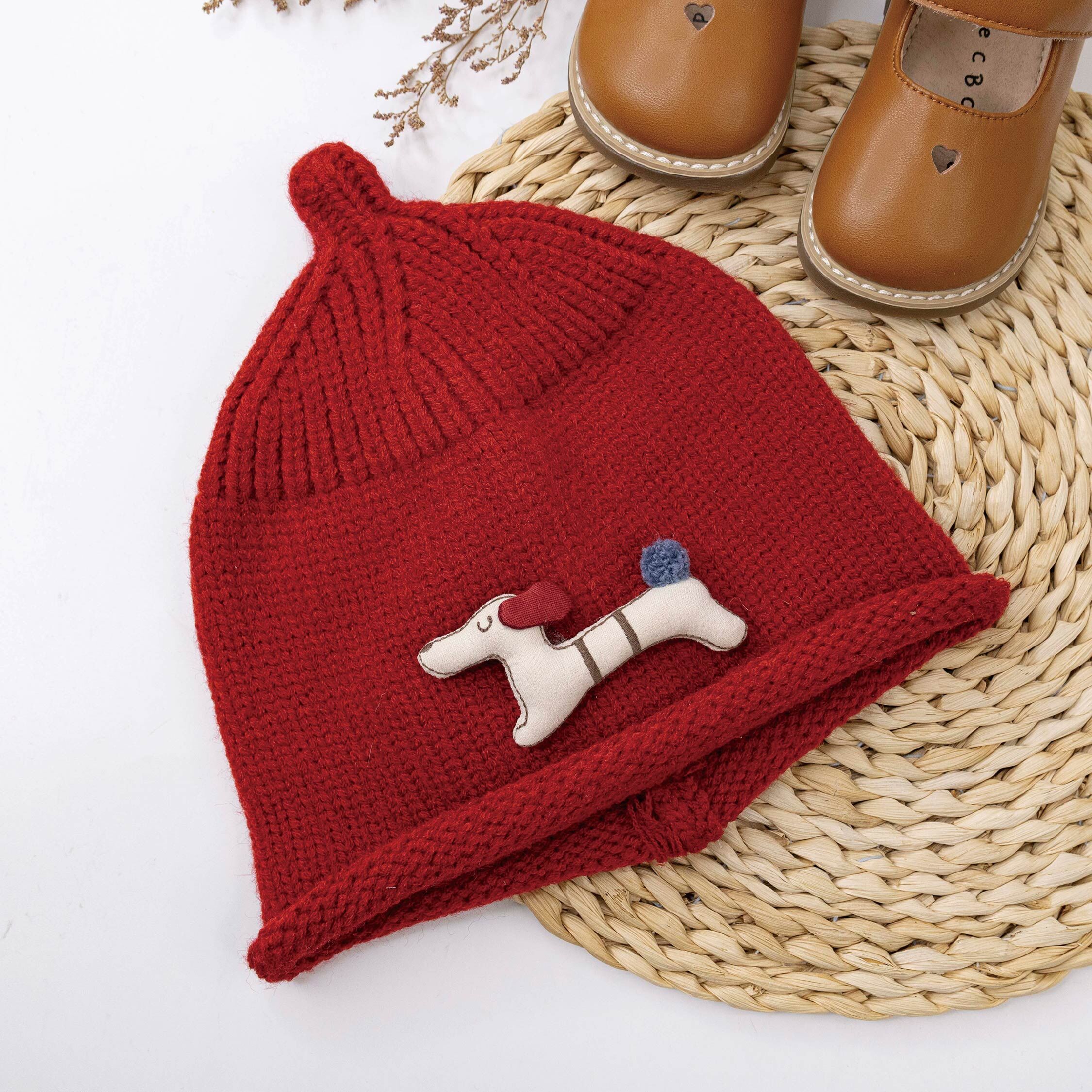 【JA1601】臘腸狗拼貼捲邊針織毛帽