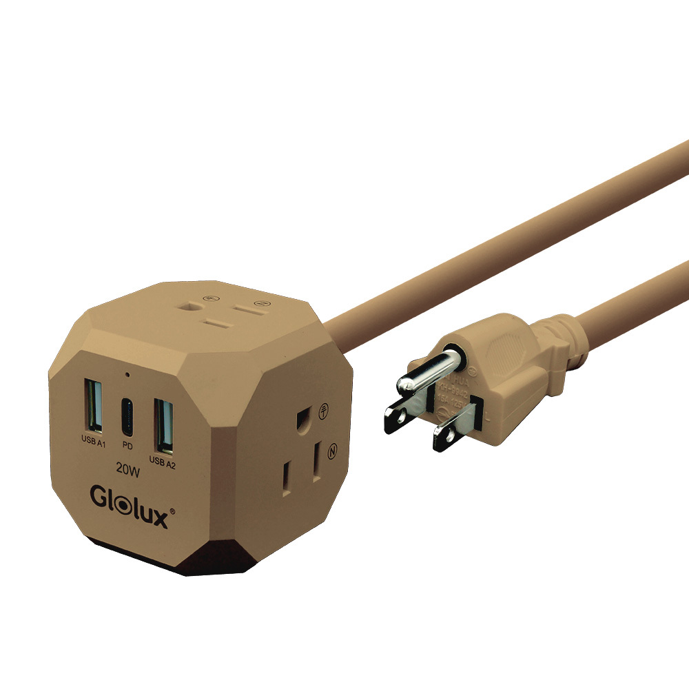 Glolux 流星錘 3面插座3孔3P插頭+2USB + 1Type-C(PD20W)延長線1.8M(6尺) (EC300-20W3AB)