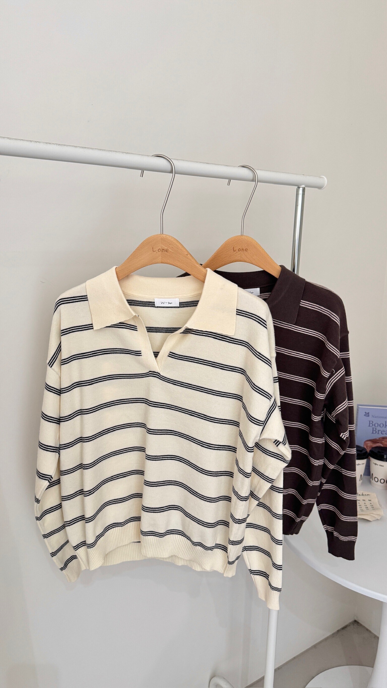 Polo領條紋針織上衣