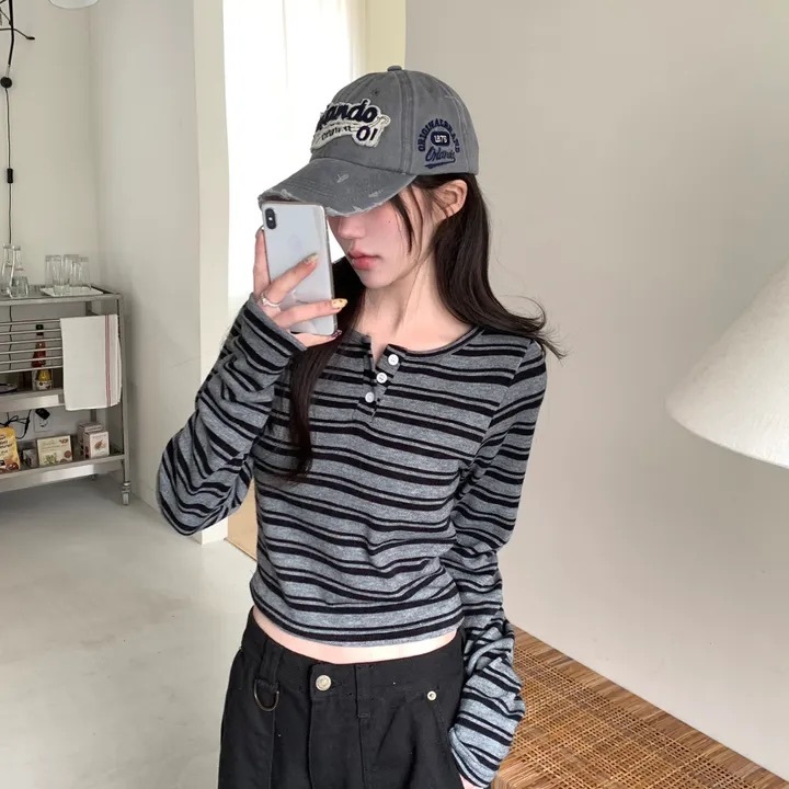 【優惠價預訂】韓國春季間條鈕扣長袖上衣（3色）