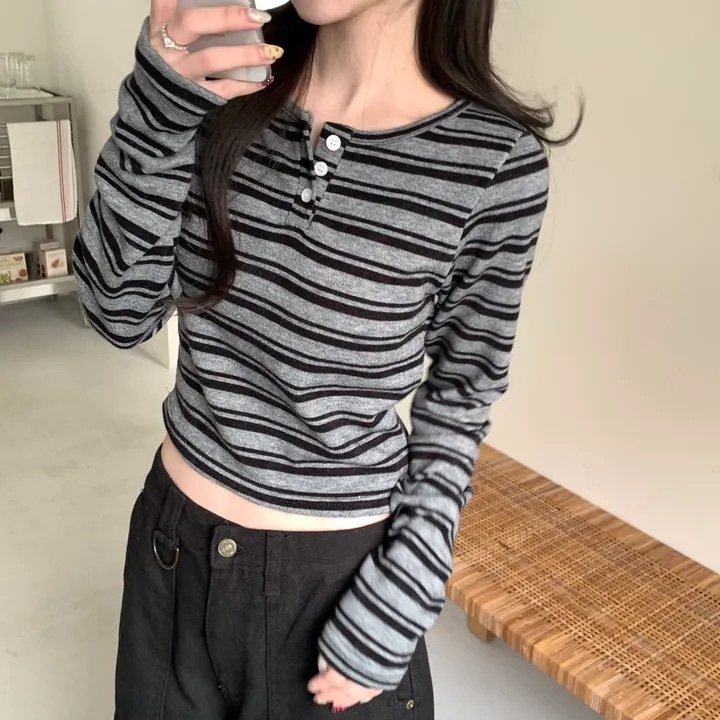 【優惠價預訂】韓國春季間條鈕扣長袖上衣（3色）