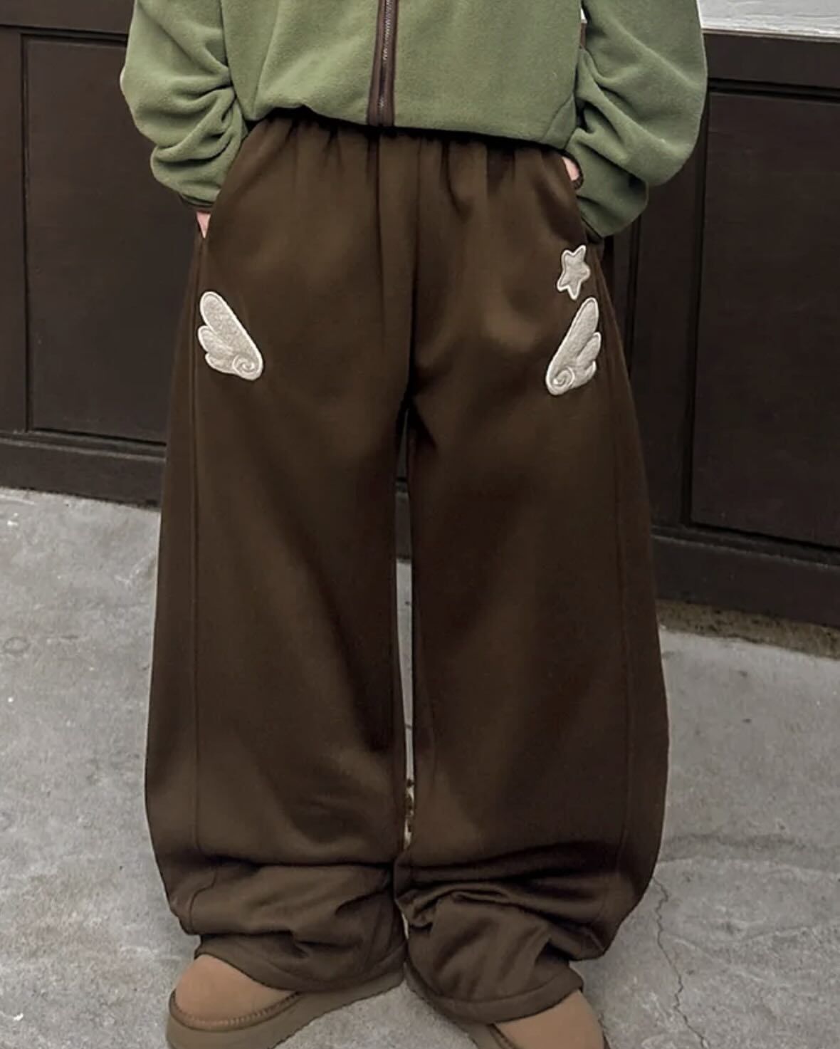 【預購】韓國 Loonough 天使翅膀 星形貼布 Angel Soft Patch 刺繡 抓絨 內刷毛 寬褲 棉褲 長褲