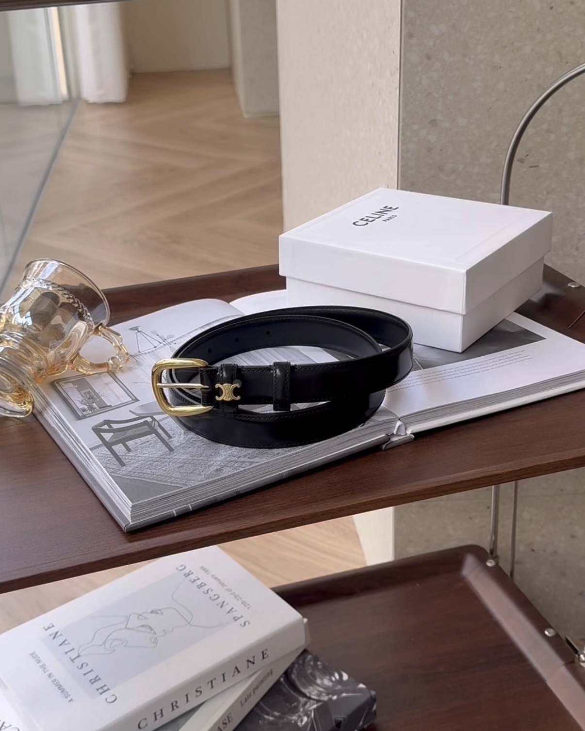 CELINE｜VIVIENNE 圓弧釦小牛皮帶 寬2.5CM 黑色