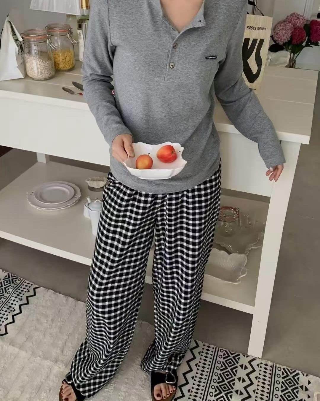 【慵懶又顯瘦的舒服棉格紋褲套裝組】（現貨）