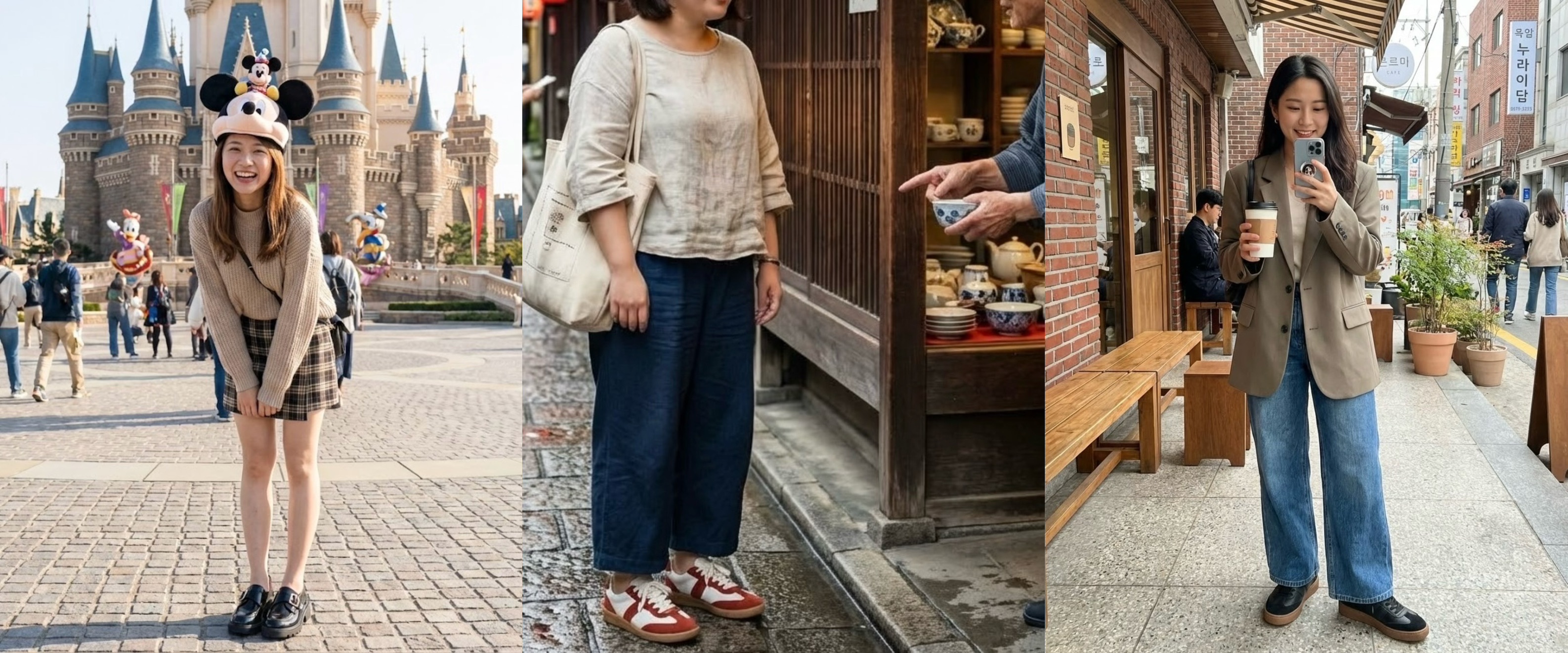 Sanly Joy 旅遊穿搭實測，針對迪士尼排隊、京都爬坡與首爾逛街三大場景，推薦厚底樂福鞋與真皮德訓鞋，兼具時尚與久走舒適度。