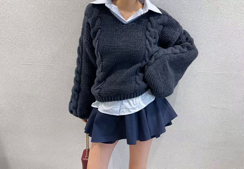 JQ5533 假兩件麻花泡泡針織衫 *特價* (優惠碼同充值購物金不適用)