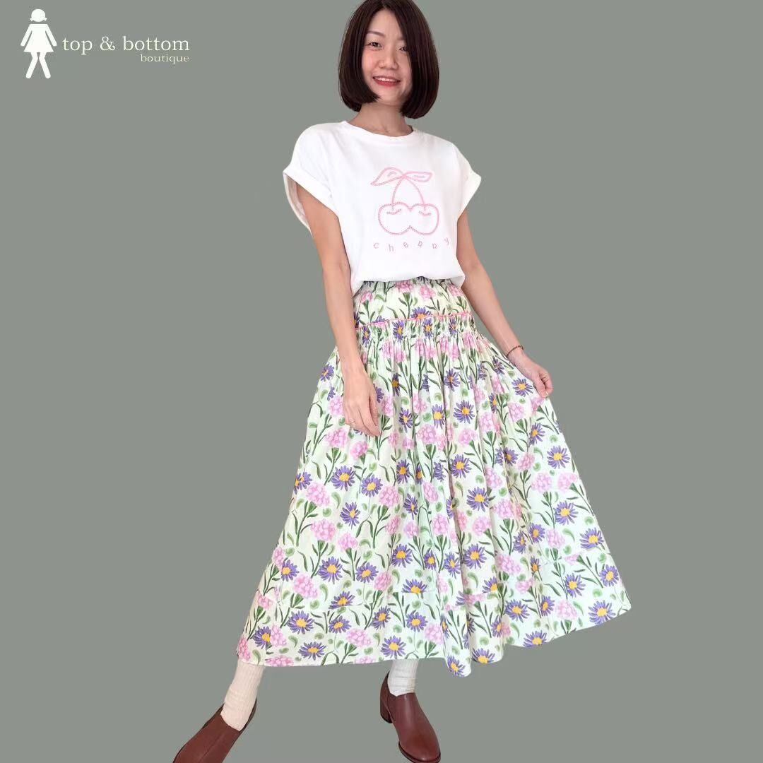 ELASTIC WAISTED COTTON FLORAL MIDI SKIRT