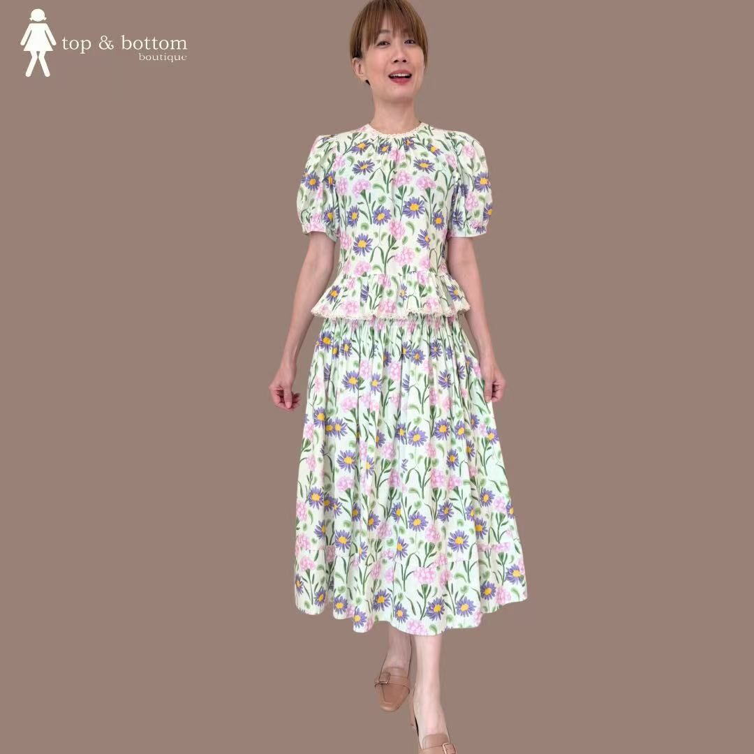 ELASTIC WAISTED COTTON FLORAL MIDI SKIRT