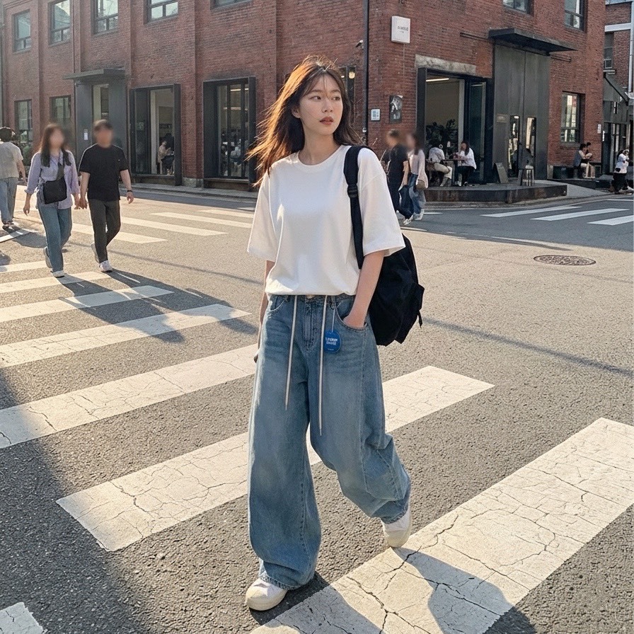 【正韓】抽繩超修飾的牛仔彎刀寬褲（ 現貨＋預購）