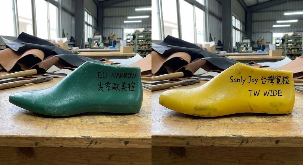 比較一般窄楦頭與 Sanly Joy 獨家台灣寬楦的差異，針對亞洲女性腳型加寬前掌空間，是拇指外翻與寬腳板的救星。