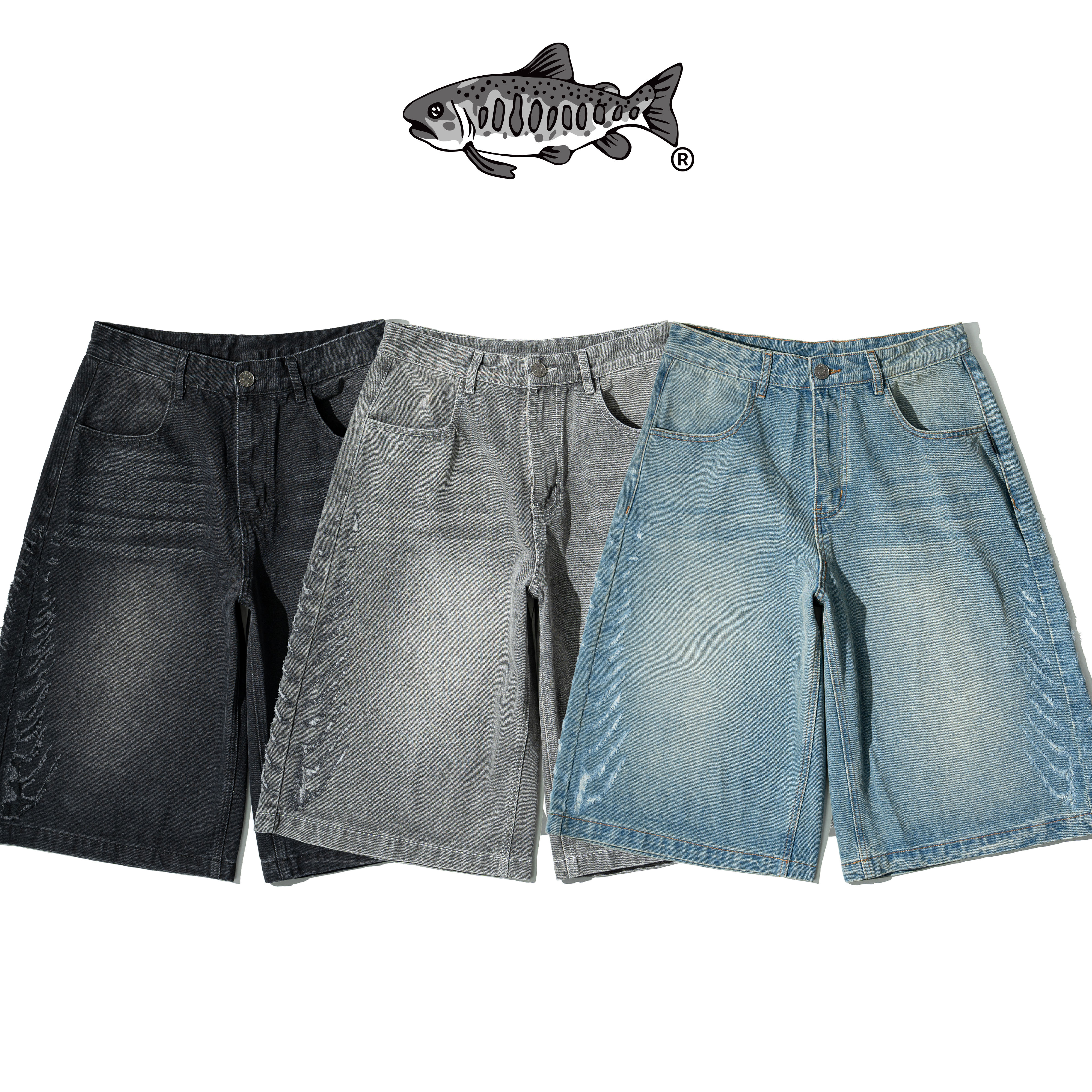 AGILITY Bones Distressed Denim Jorts 魚骨破壞 牛仔 七分短褲 [JB88]